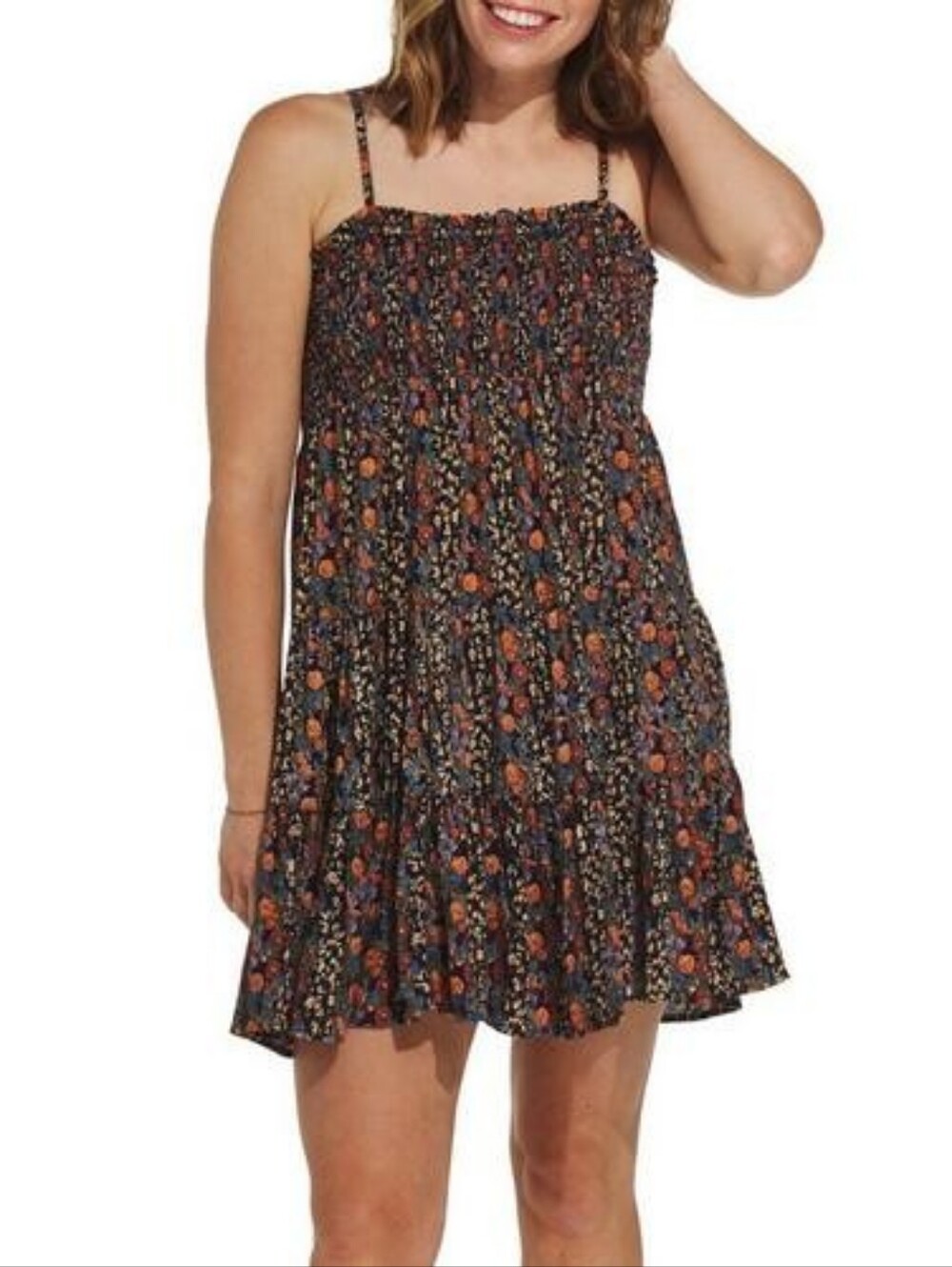 Angie Navy Floral Smocked Mini Dress with Orange Flowers